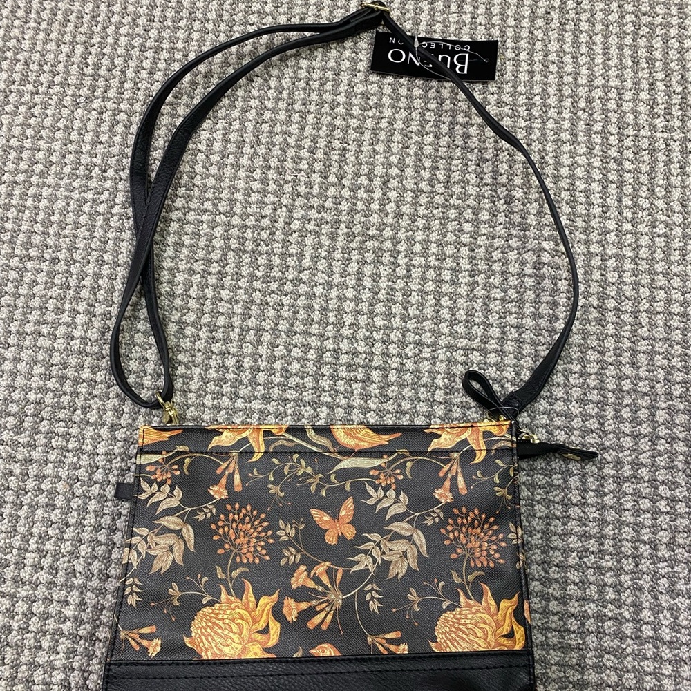 Bueno Black Crossbody with Gold Floral & Butterfly Pattern